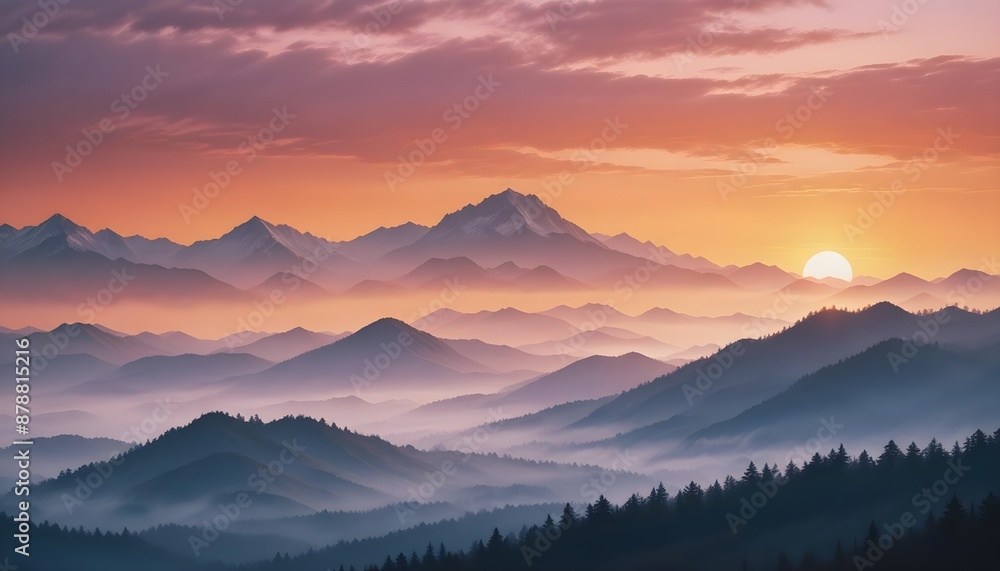 mountain layers and sunrise view in cold and foggy weather. mountain layers and sunrise view in cold and foggy weather.