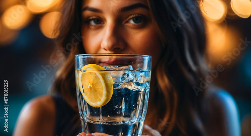 Women holding a glass of lemon water with ice