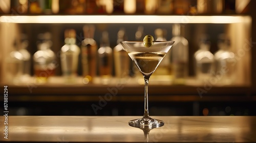 A classic martini with an olive on a sleek bar counter