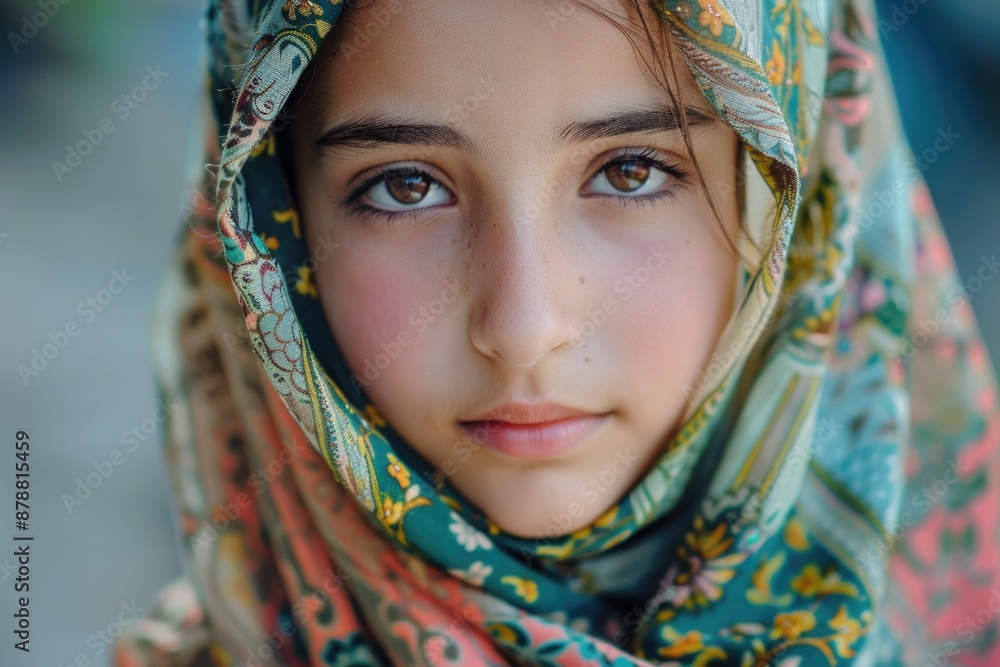 A smiling young girl looks directly into the camera, wearing a vibrant scarf A smiling young girl looks directly into the camera, wearing a vibrant scarf