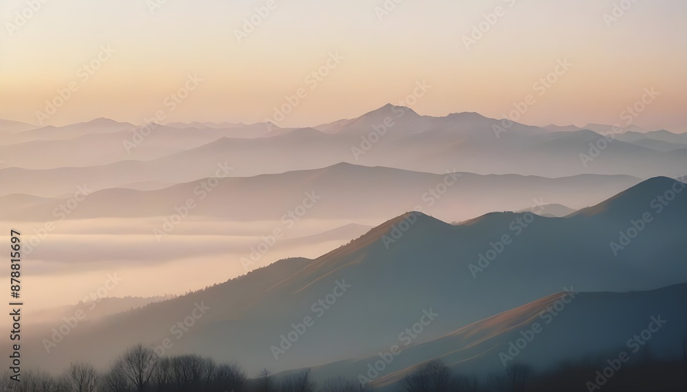 Obraz premium mountain layers and sunrise view in cold and foggy weather.