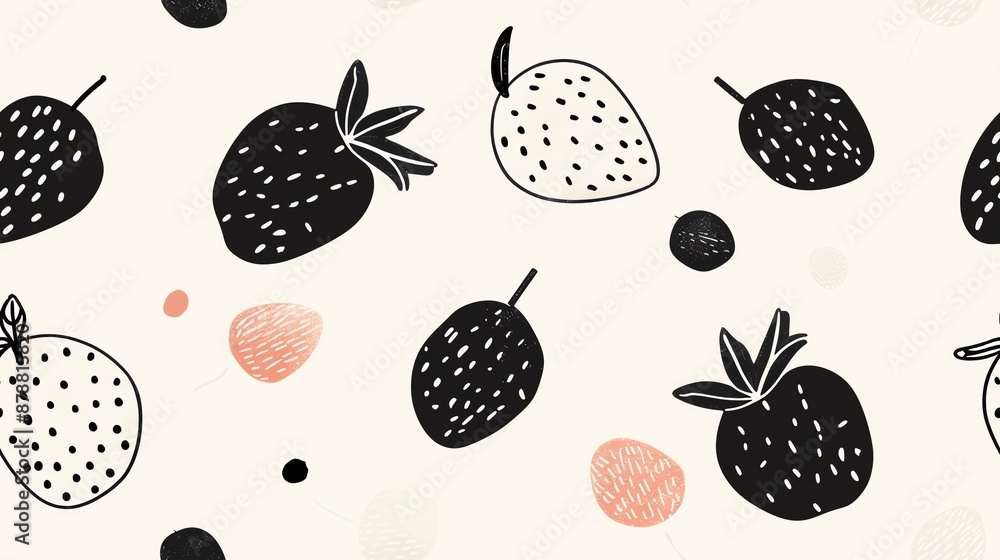 Minimalist seamless pattern of hand-drawn strawberries in black and white Minimalist seamless pattern of hand-drawn strawberries in black and white