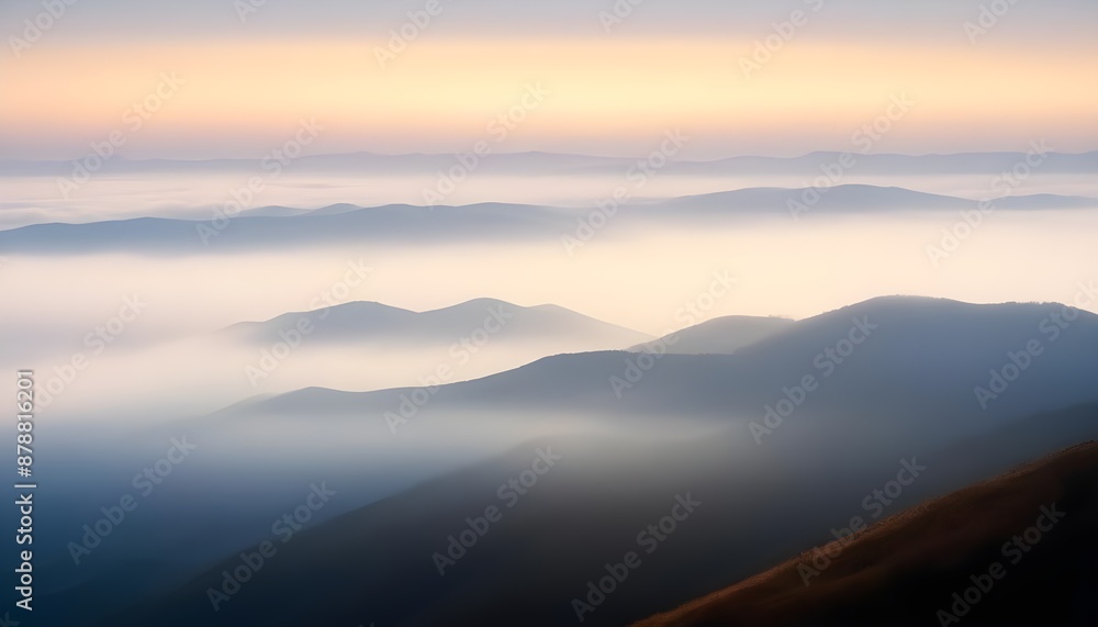 Obraz premium mountain layers and sunrise view in cold and foggy weather.