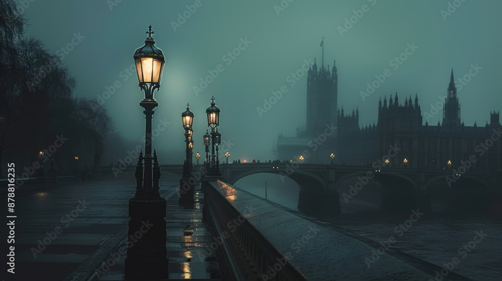 Obraz premium A foggy evening view of the houses of parliament in london