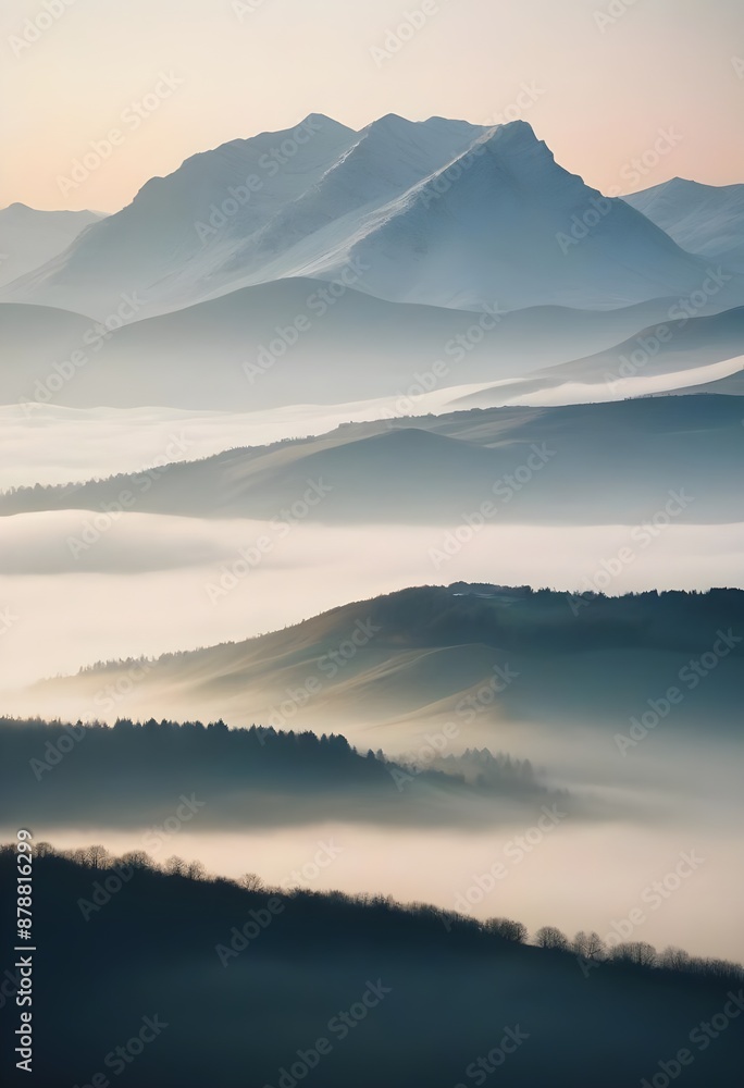 Fototapeta premium mountain layers and sunrise view in cold and foggy weather.