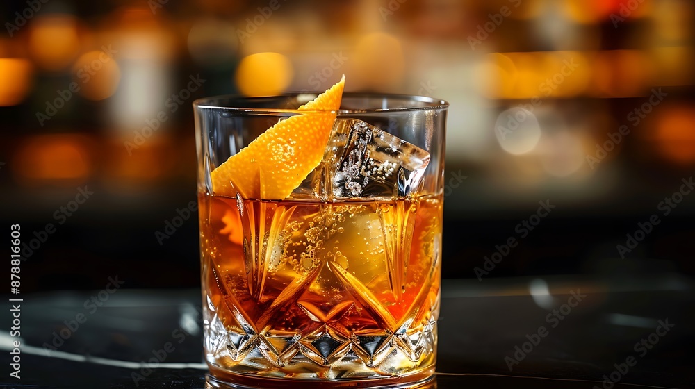A classic Old Fashioned with a large ice cube and orange peel A classic Old Fashioned with a large ice cube and orange peel