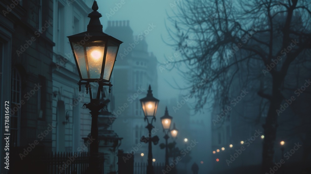 Gas lamps illuminate foggy london street at dusk Gas lamps illuminate foggy london street at dusk