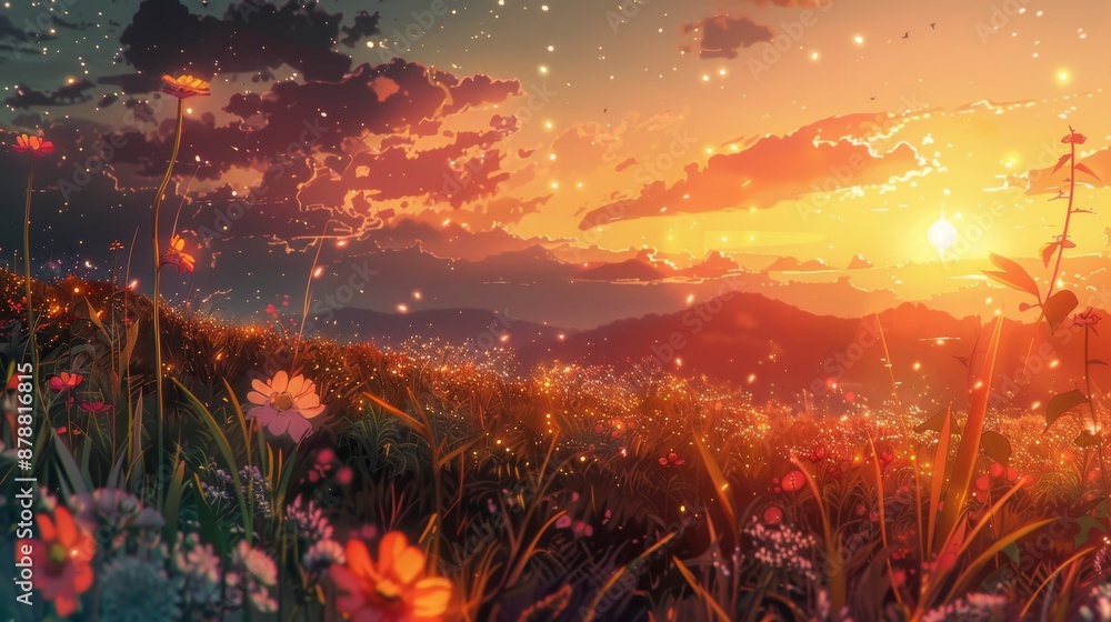 Obraz premium To signify the end of their journey, a group of people face the sunset in an animated movie.