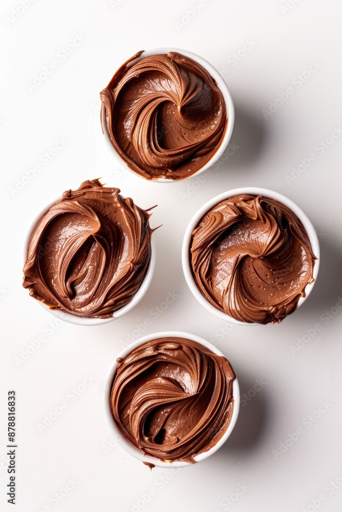 Three bowls filled with rich and creamy chocolate frosting on a white background, perfect for baking or decorating Three bowls filled with rich and creamy chocolate frosting on a white background, perfect for baking or decorating