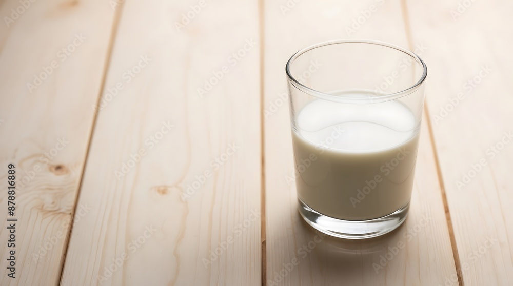 Front view of a glass of milk on wooden background with space for text Front view of a glass of milk on wooden background with space for text