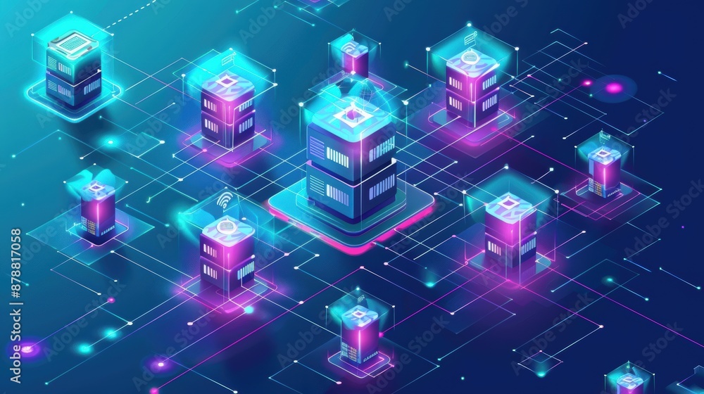 Digital network illustration of servers connected by lines Digital network illustration of servers connected by lines