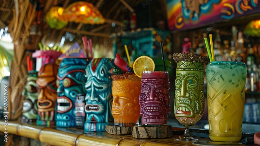 A tropical tiki bar with colorful drinks and decorations A tropical tiki bar with colorful drinks and decorations