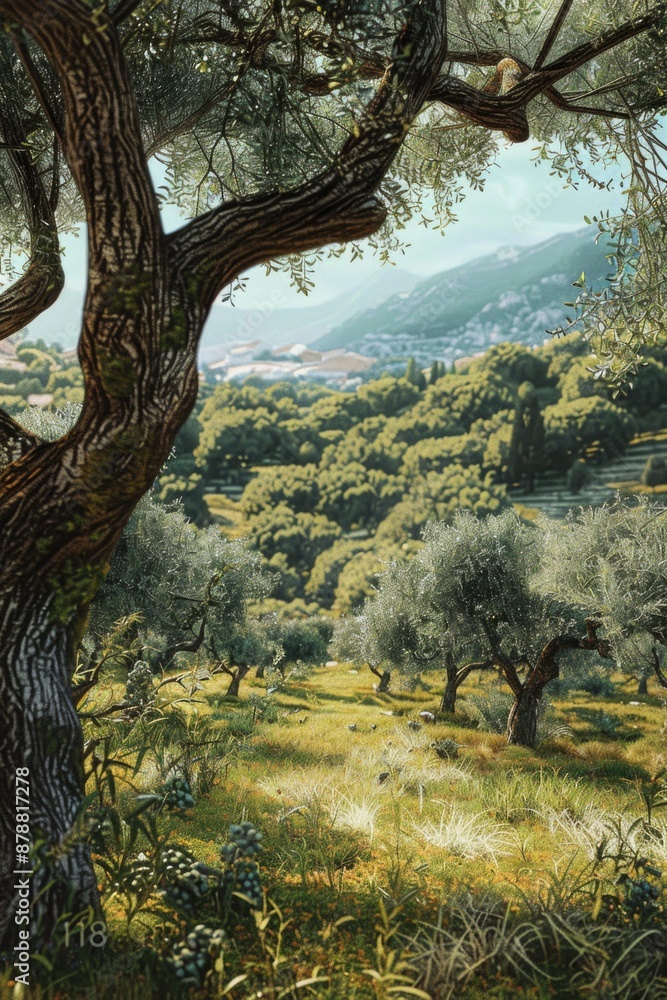 A single olive tree stands tall in a green field, surrounded by lush vegetation A single olive tree stands tall in a green field, surrounded by lush vegetation