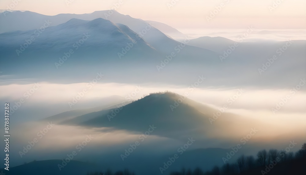 mountain layers and sunrise view in cold and foggy weather. mountain layers and sunrise view in cold and foggy weather.