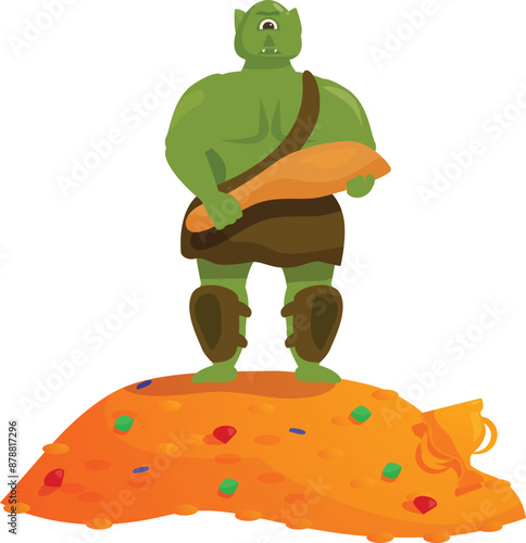 Green monster standing on a pile of gold and holding a club, guarding his treasure