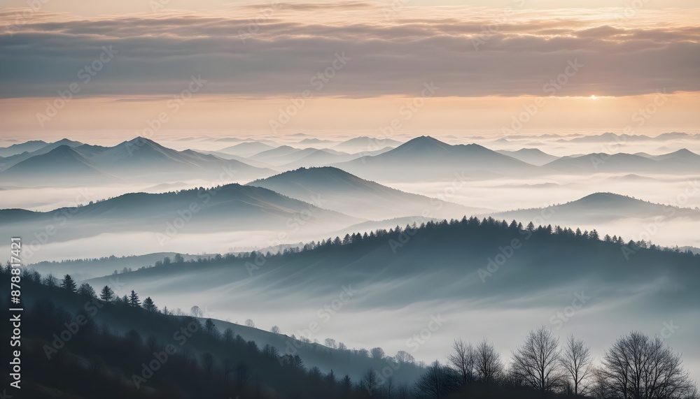 Obraz premium mountain layers and sunrise view in cold and foggy weather.