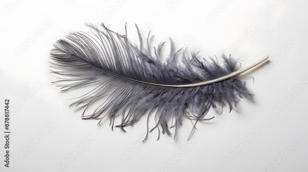 Obraz premium Top view of close-up a gray feather on white background with space for text