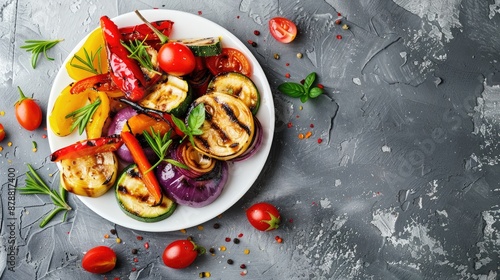 Grilled veggies with sauce on white plate grey background Vegan dish Blank area for text