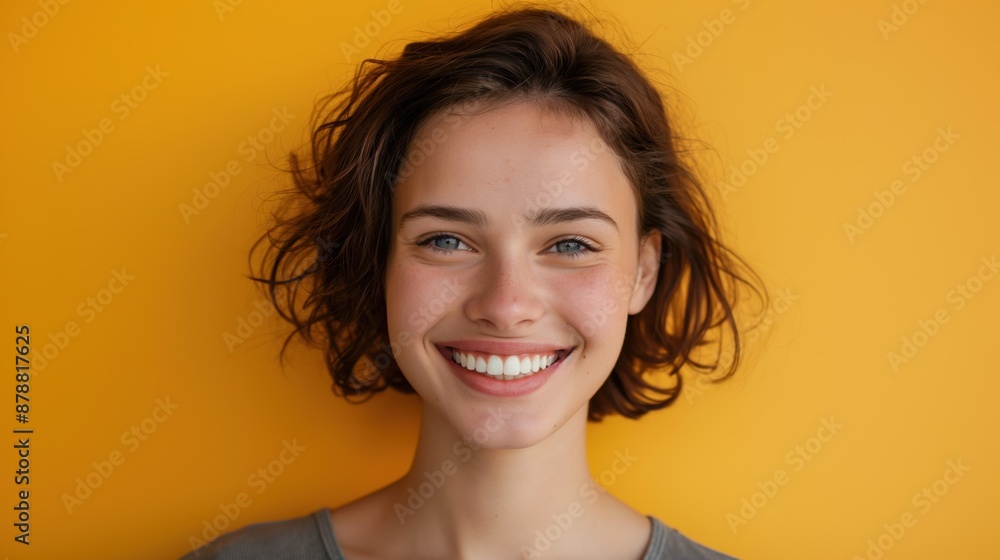 Portrait of a happy smiling woman against a bright yellow background Portrait of a happy smiling woman against a bright yellow background
