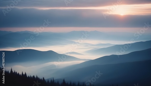 mountain layers and sunrise view in cold and foggy weather.