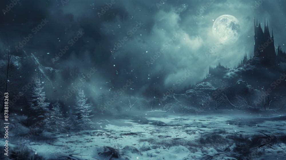 Fototapeta premium Snowy night landscape with full moon and distant castle