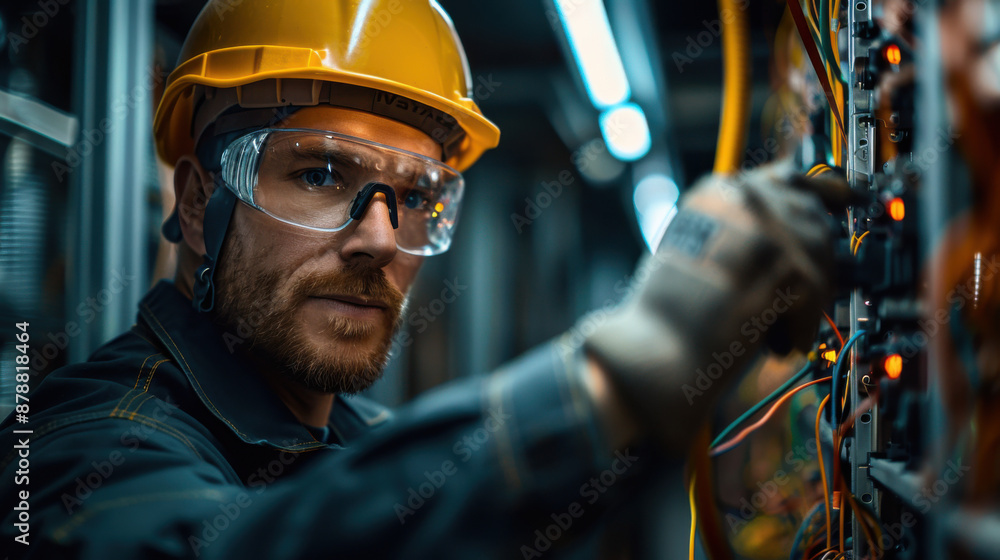 Electrician in safety gear working on complex wiring inside an industrial setting, emphasizing technical skill and safety. Electrician in safety gear working on complex wiring inside an industrial setting, emphasizing technical skill and safety.