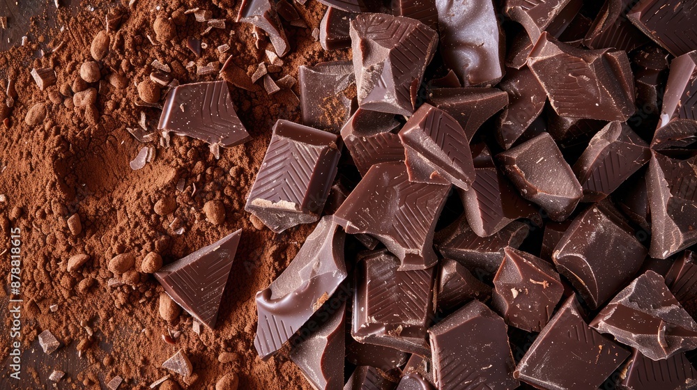 Chocolate pieces crushed cocoa powder seen from above in cooking context Chocolate pieces crushed cocoa powder seen from above in cooking context