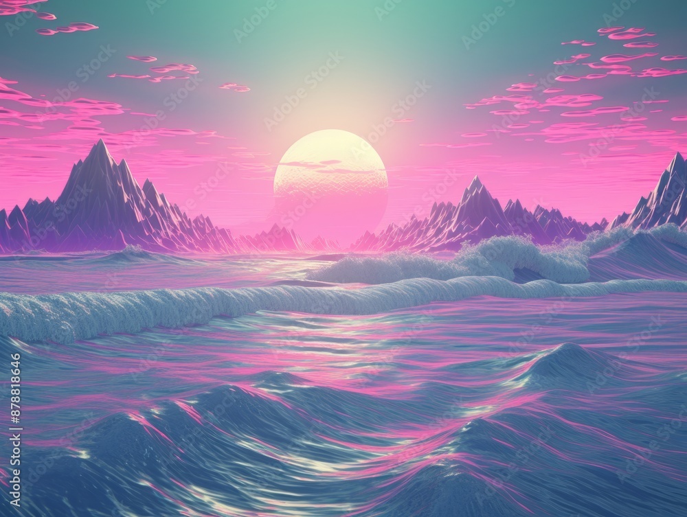 A futuristic landscape with palm trees, mountains, and a purple tiled floor at sunset. A futuristic landscape with palm trees, mountains, and a purple tiled floor at sunset.