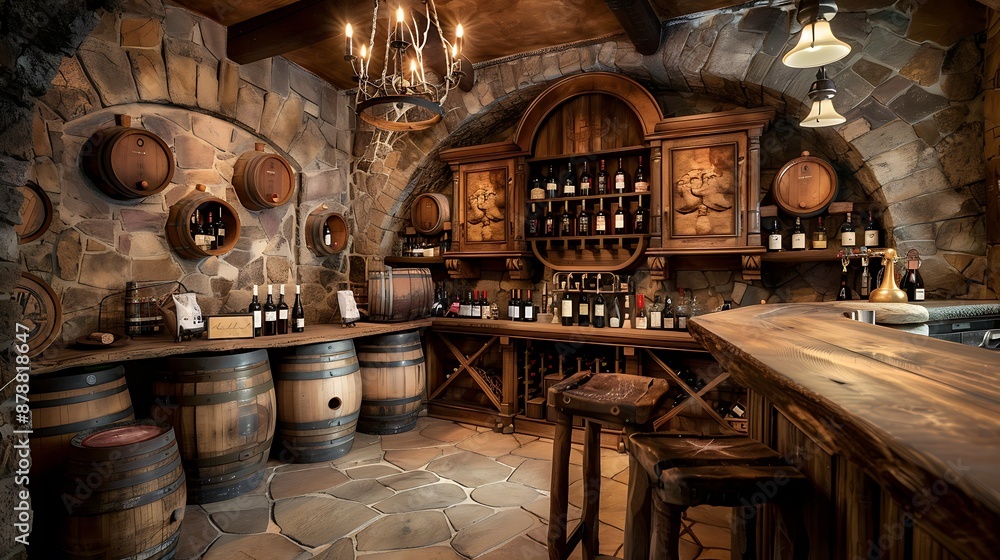 A rustic wine cellar bar with barrels and aged bottles A rustic wine cellar bar with barrels and aged bottles