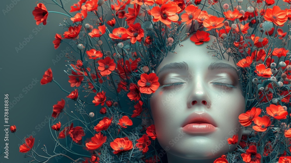 Illustration of a surrealistic face with flowers, made with a digital device Illustration of a surrealistic face with flowers, made with a digital device