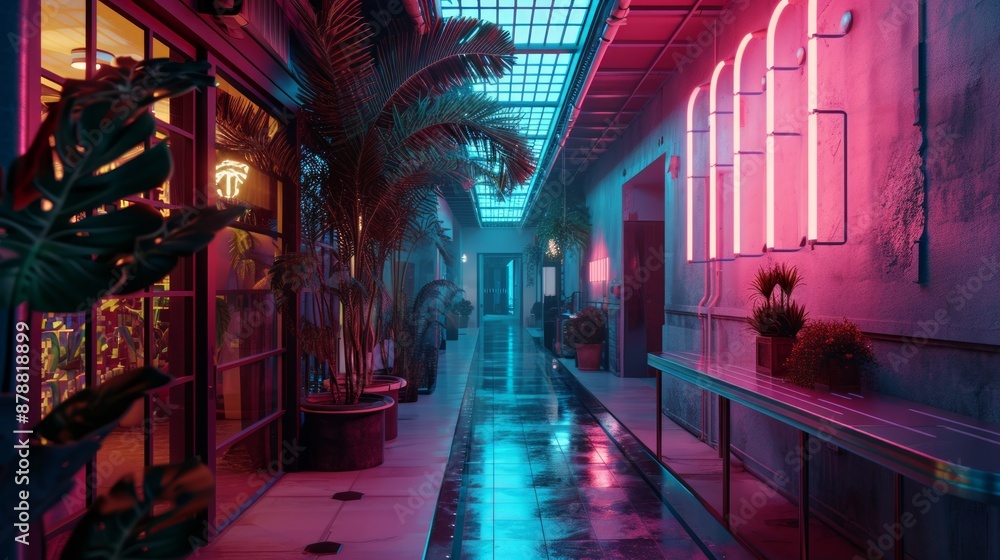Dimly lit hallway adorned with purple neon lights and lush plants, with raindrops visible on the glass panes. Dimly lit hallway adorned with purple neon lights and lush plants, with raindrops visible on the glass panes.