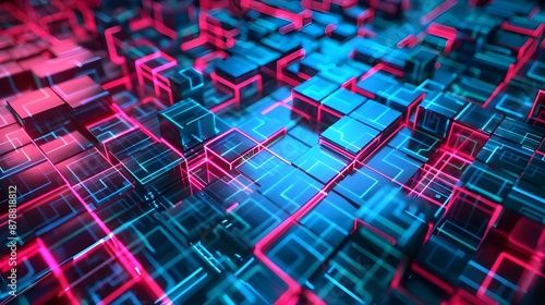 Glowing Neon Squares and Complex Maze, Abstract Digital Background, Symbolizing Data Flow Complexity in Big Data Technology Concepts, Advanced Data Science and Information Systems Design