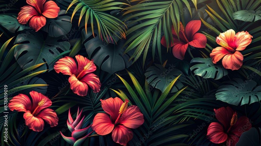 Contour pattern featuring tropical foliage and flowers. Monstera leaves, palm fronds, and an exotic bird of paradise. Contour pattern featuring tropical foliage and flowers. Monstera leaves, palm fronds, and an exotic bird of paradise.