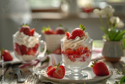 Whipped Cream and Strawberries Dessert in Sunlight