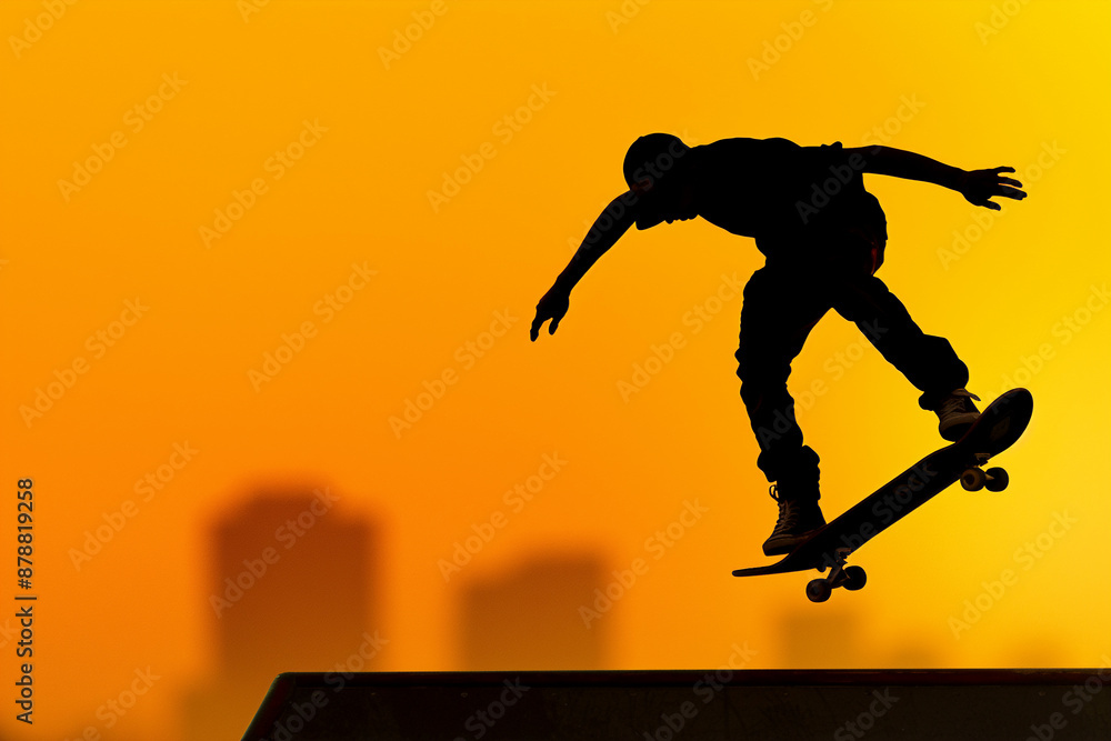 A silhouette of a skateboarder performing a trick against a blurry background of an orange sunset and a city skyline. Concept of adrenaline, freedom, and the beauty of urban landscapes. A silhouette of a skateboarder performing a trick against a blurry background of an orange sunset and a city skyline. Concept of adrenaline, freedom, and the beauty of urban landscapes.