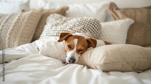 Dog Sleeping on Bed Among Pillows, Domestic Coziness Photo © drekade