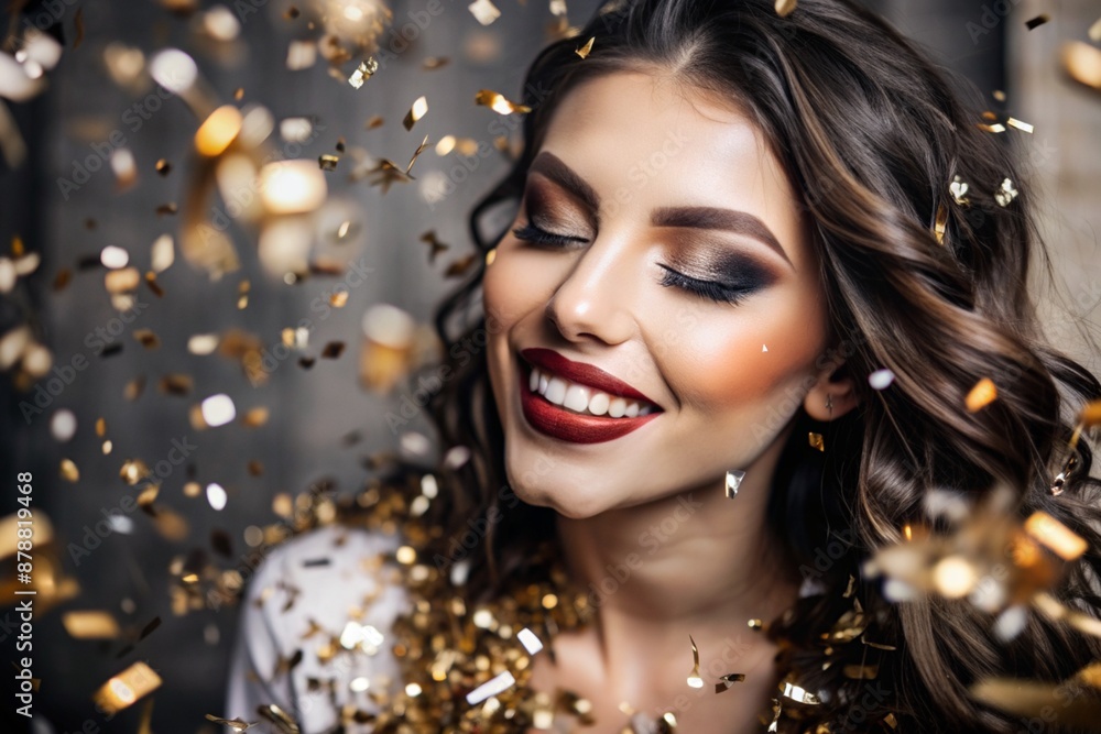 A party. A beautiful, happy girl in a stylish festive dress surrounded by gold confetti and sequins. The concept of celebrating a birthday and a happy new year. Close-up. A party. A beautiful, happy girl in a stylish festive dress surrounded by gold confetti and sequins. The concept of celebrating a birthday and a happy new year. Close-up.