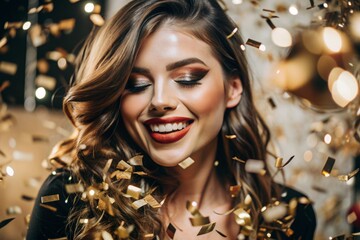 A party. A beautiful, happy girl in a stylish festive dress surrounded by gold confetti and sequins. The concept of celebrating a birthday and a happy new year. Close-up.