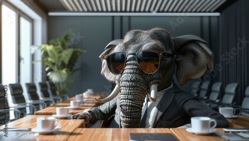 A sharply dressed elephant wearing sunglasses sits at the head of a conference table in a modern office, surrounded by empty chairs and coffee mugs, with plants in the background.
