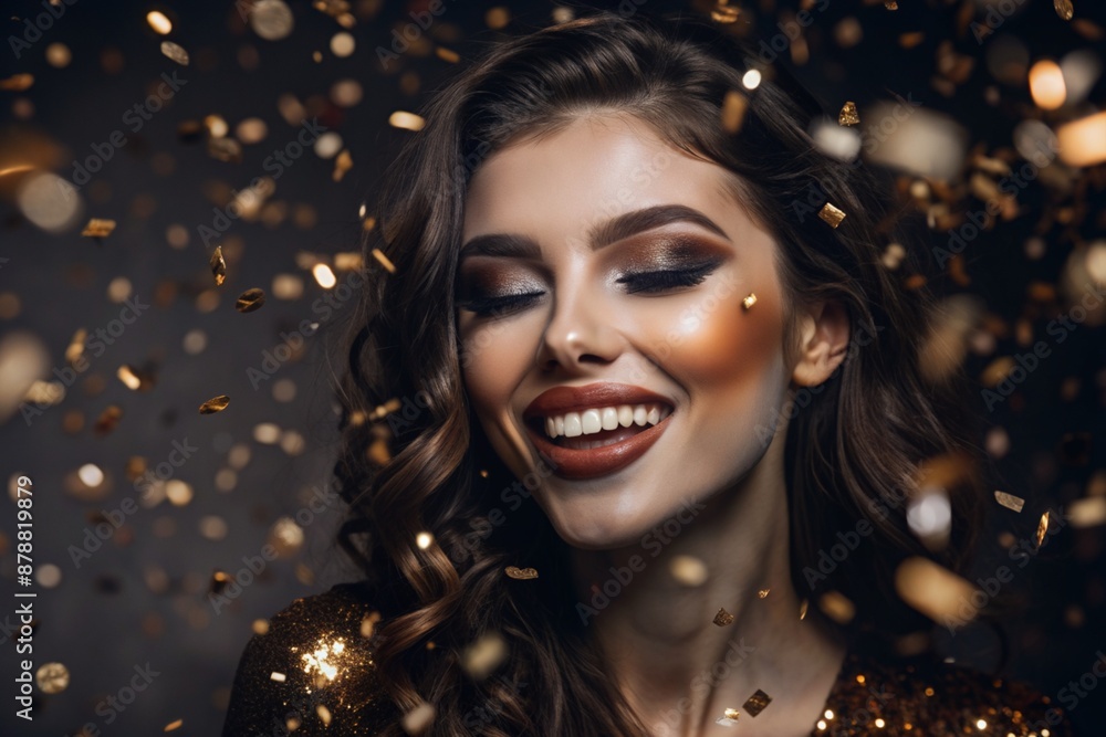 A party. A beautiful, happy girl in a stylish festive dress surrounded by gold confetti and sequins. The concept of celebrating a birthday and a happy new year. Close-up. A party. A beautiful, happy girl in a stylish festive dress surrounded by gold confetti and sequins. The concept of celebrating a birthday and a happy new year. Close-up.