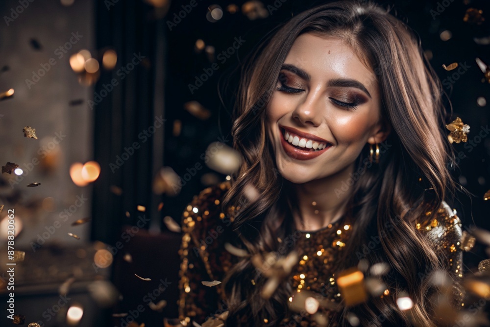 A party. A beautiful, happy girl in a stylish festive dress surrounded by gold confetti and sequins. The concept of celebrating a birthday and a happy new year. Close-up. A party. A beautiful, happy girl in a stylish festive dress surrounded by gold confetti and sequins. The concept of celebrating a birthday and a happy new year. Close-up.