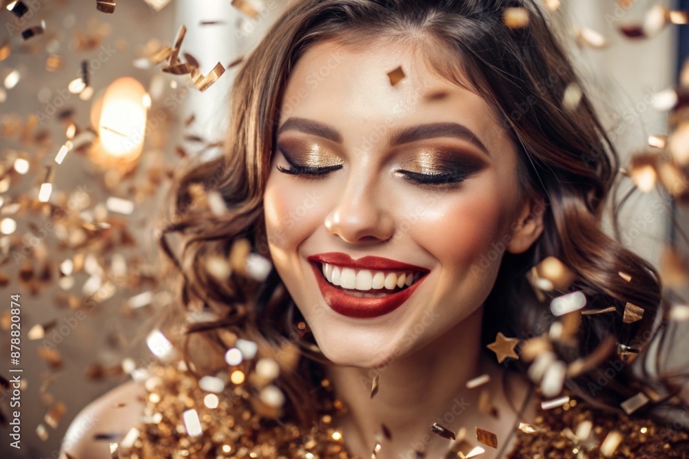A party. A beautiful, happy girl in a stylish festive dress surrounded by gold confetti and sequins. The concept of celebrating a birthday and a happy new year. Close-up. A party. A beautiful, happy girl in a stylish festive dress surrounded by gold confetti and sequins. The concept of celebrating a birthday and a happy new year. Close-up.