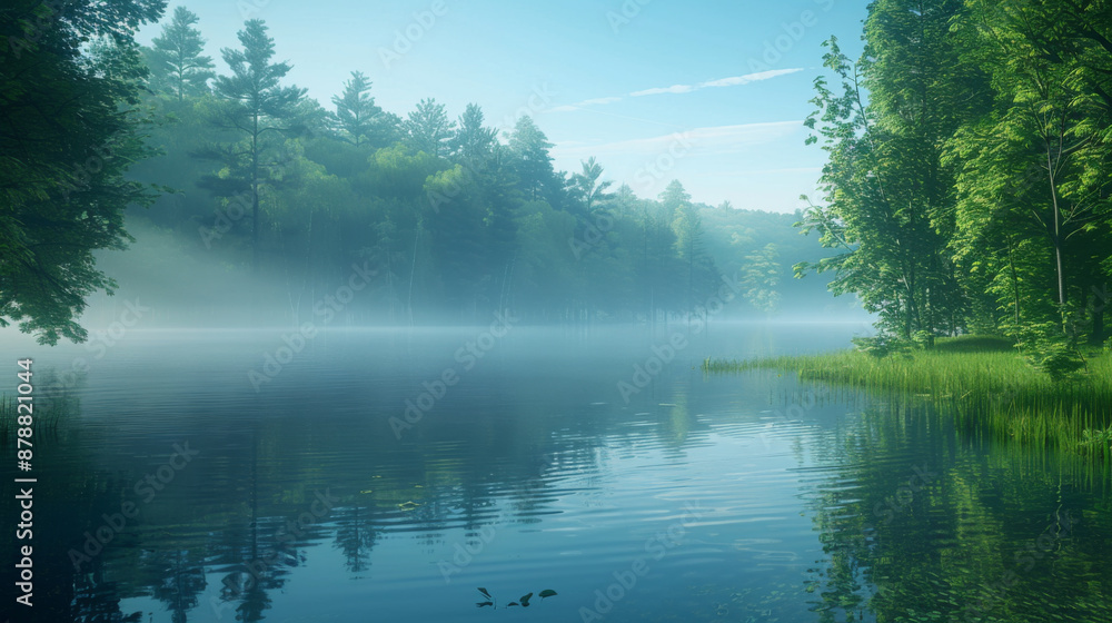 Serene lake enveloped in mist, bordered by a dense forest with calm water reflecting the greenery and morning sky.