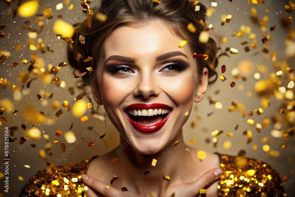 A party. A beautiful, happy girl in a stylish festive dress surrounded by gold confetti and sequins. The concept of celebrating a birthday and a happy new year. Close-up. A party. A beautiful, happy girl in a stylish festive dress surrounded by gold confetti and sequins. The concept of celebrating a birthday and a happy new year. Close-up.