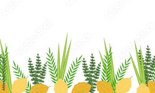 Palm branch, willow and myrtle leaves, bright yellow etrog. Jewish festival Sukkot four species lulav and esrog