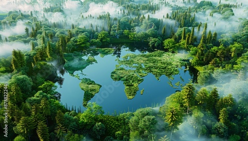 Fototapeta Naklejka Na Ścianę i Meble -  A lake in the shape of the world's continents in the middle of untouched nature. A metaphor for ecological travel, conservation, climate change, global warming and the fragility of nature.3d rendering