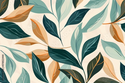 The pattern features tropical leaves and geo elements. It is a seamless pattern with modern art print, textile, or boho wallpaper decor.