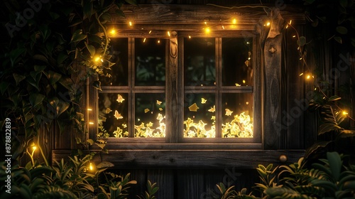 Peer through the cozy warmth of a wooden house window, where flickering flames dance in the fireplace, casting a comforting glow against the lush greenery of the jungle beyond.