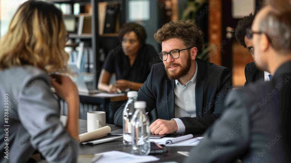 Group of professionals having a discussion during a business meeting in a modern office setting. Group of professionals having a discussion during a business meeting in a modern office setting.
