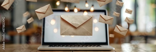 Laptop screen displays open email surrounded by swirling vortex of translucent envelopes photo